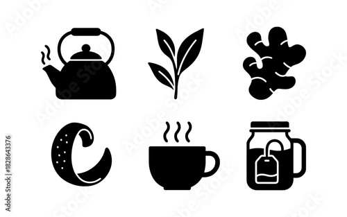 Tea time icons: silhouette design featuring teapot, leaves, and ginger