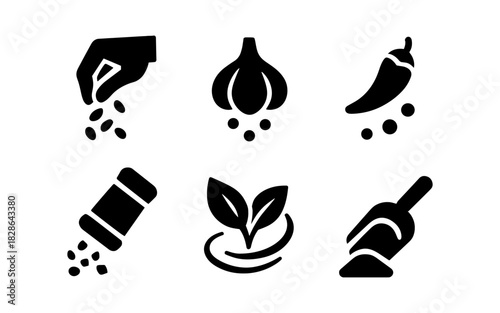 Spice and herb icons: minimalist black silhouettes for cooking and gardening themes