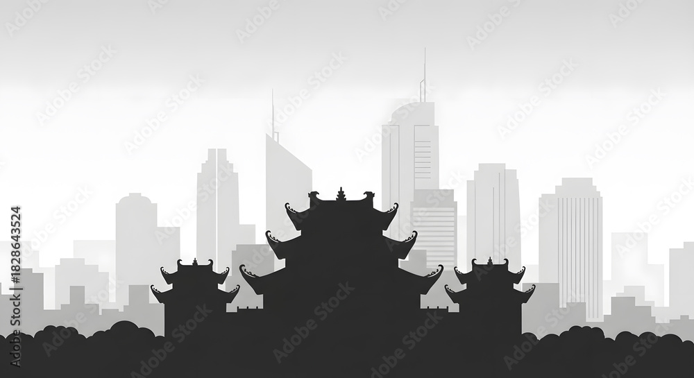 Naklejka premium Asian Architectural Silhouette - Urban Contrast