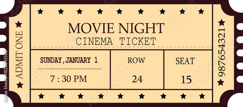 Vintage cinema ticket design featuring classic movie night layout with event details, stars, perforated edges, bold typography, and retro color palette ideal for entertainment, film promotions