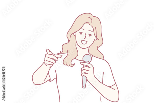 energetic woman with microphone, vibrant female presenter capturing audience attention, lively female content creator delivering enthusiastic presentation to captivate viewers