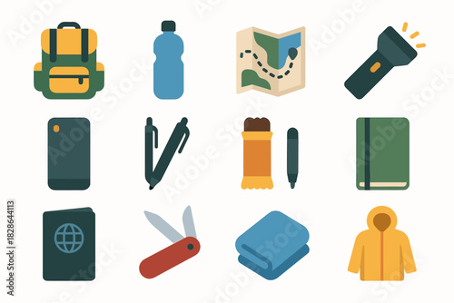 Pen penknife backpack passport icon snack vector power charging water traveler s