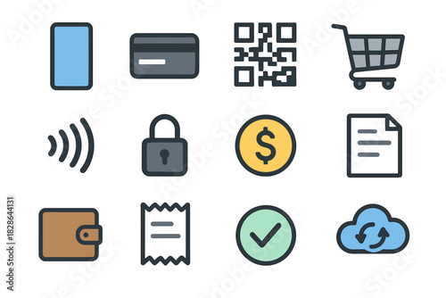Invoice minimalist contactless receipt wallet lock payment vector shopping card qr icon