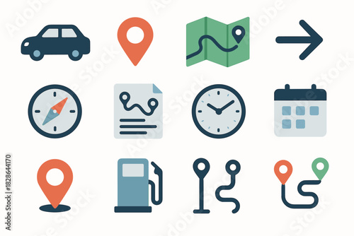 Icons compass planning distance direction sheet vector line path icon paper clock