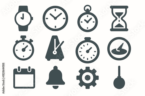 Vector bell icon block wristwatch timekeeping pendulum set chime dial calendar watch