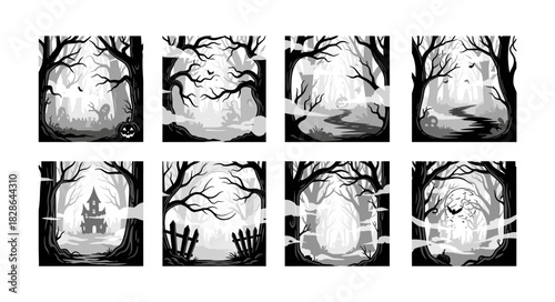 Haunted Forest Scenes with Eerie Silhouettes and Mysterious Ligh