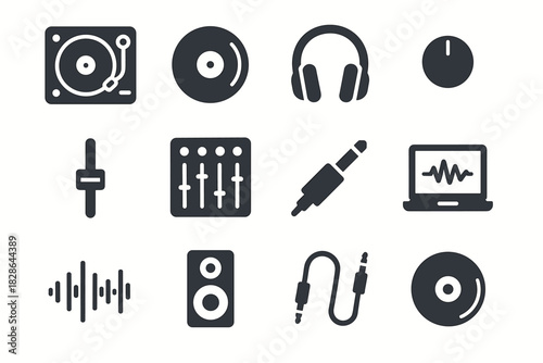 Vector cable disc knob icons fader laptop headphone plug icon dj equipment