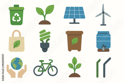 Icon solar grid bicycle vector bag sustainable recycling icons bulb bin sapling