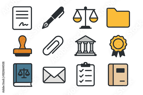 Archive file legal vector contract set paperclip icon signature checklist law courthouse