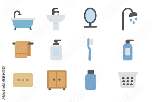 Mirror shower bathtub basket bathroom vector laundry cabinet faucet modern shampoo icon