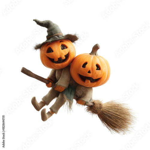 Two smiling Jack O'Lanterns ride a broomstick for Halloween on a transparent background