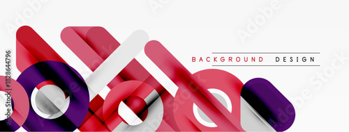 Abstract geometric shapes overlap, creating dynamic visual flow. Red, purple, silver hues dominate design. Minimalist aesthetic.