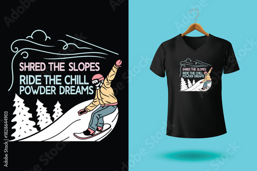 Penguin Snow Surfers T Shirt Design with Chill Vibes and Cool Slides Featuring Snowboard Riding Waves Vector Illustration Isolated on White Background