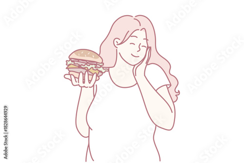 woman savoring burger smiling with pleasure, holding sandwich near lips while contemplating first bite warm casual mood, simple line illustration with soft colors, focus on food texture,