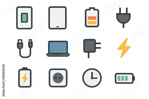 Smartphone plug tablet outlet cable clock icon battery minimal lightning vector bank