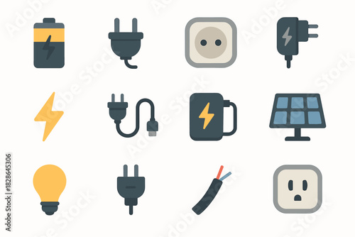Bolt outlet supply adapter plug charger icons power solar bank lamp vector