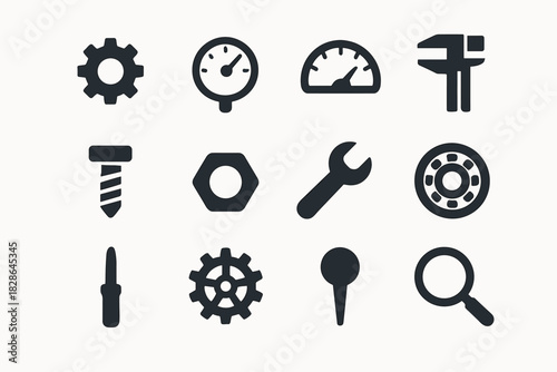 Mechanics fine tool dial pin nut precision icon vector screw clock magnifier