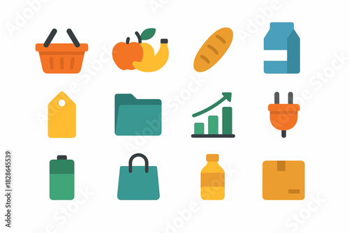 Supermarket battery set plug bread milk vector fruits icon box bag folder