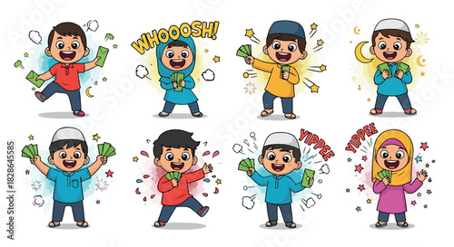 Happy children celebrating with money and festive elements