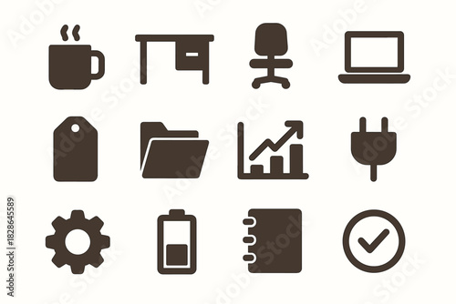 Minimalist chart notebook office folder icons gear battery icon checkmark desk mug