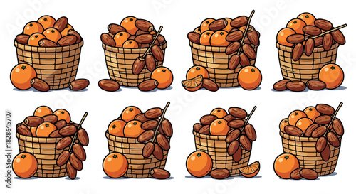 Dates and oranges in baskets food still life