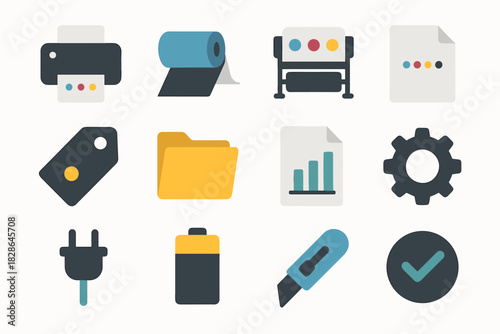 Battery tag print folder roll icons vector gear icon grid press cutter