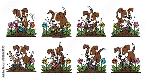 Playful dog gardening with flowers in a colorful scene