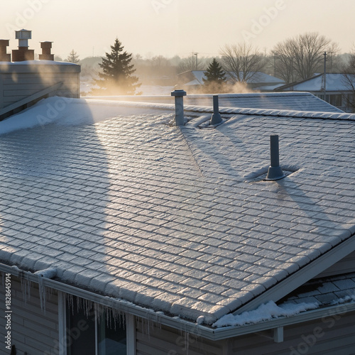 Icy snow covering roof tiles with sunlight in winter landscape  