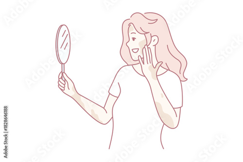 woman checking face in hand mirror while applying makeup, morning beauty routine with skincare and cosmetics,