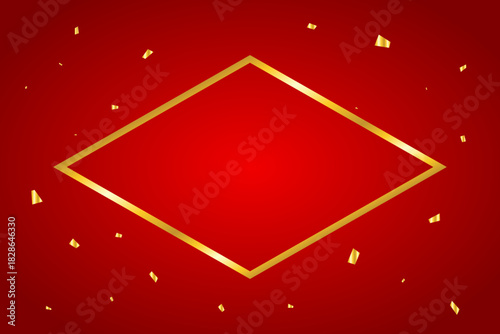 Gold Confetti Falling on Red Background with frame. Festive Celebrations. Vector Illustration