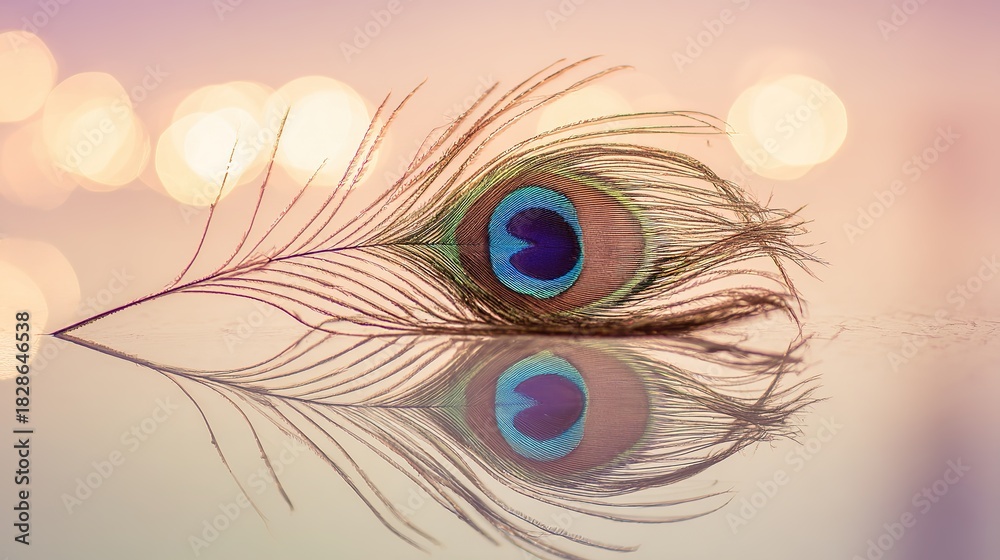 Obraz premium peacock. A close-up of a peacock feather against a mirrored surface with iridescent blue-green tones. wildlife magazines, conservation campaigns, designed for wildlife conservation campaigns.