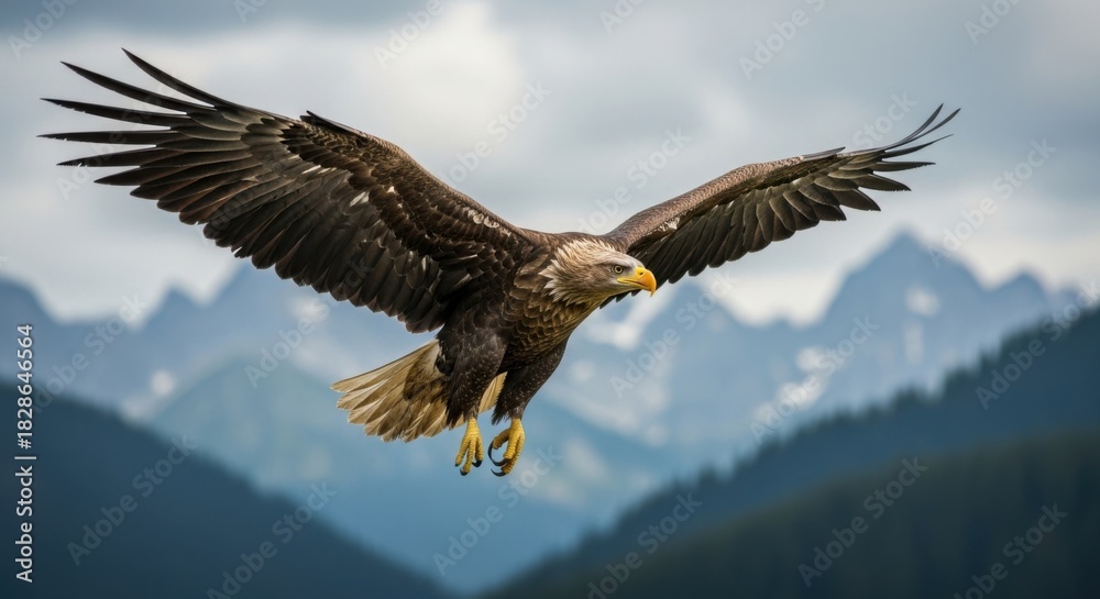 Fototapeta premium Majestic Eagle Soaring Over Mountains with Wings Spread