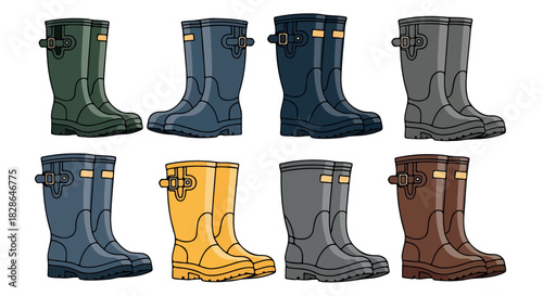 Colorful rubber boots collection with transparent background