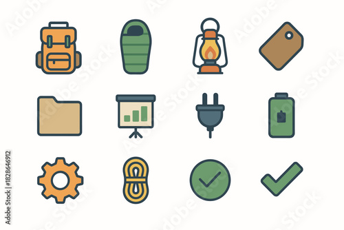 Camping checkmark plug backpack gear icon icons sleeping equipment rope chart vector
