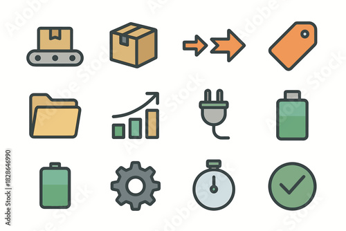 Flow box shipping conveyor icons chart plug icon grid belt tag vector