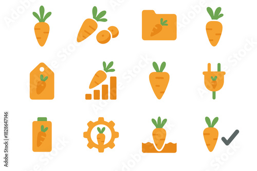 Vegetable set tag icon battery leaves garden gear slices plug carrot vector