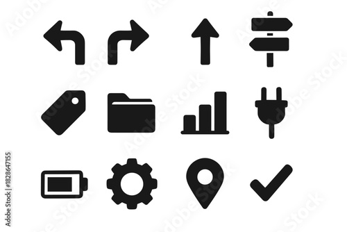 Battery checkmark turn road folder pin left chart vector minimalist icon right