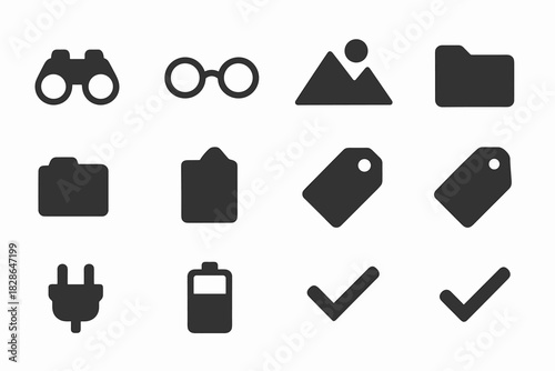 Outline minimal vector grid mountain vision icon checkmark viewing binoculars lenses battery