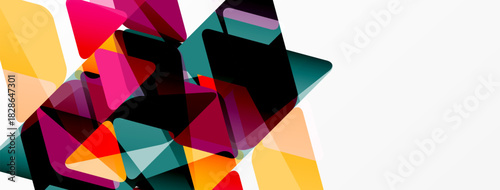 Abstract geometric shapes overlap, creating vibrant color blocks. Composition emphasizes dynamic movement, modern design.