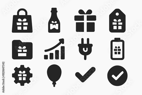 Vector icon bottle grid celebration gear plug tag chart checkmark bag balloon