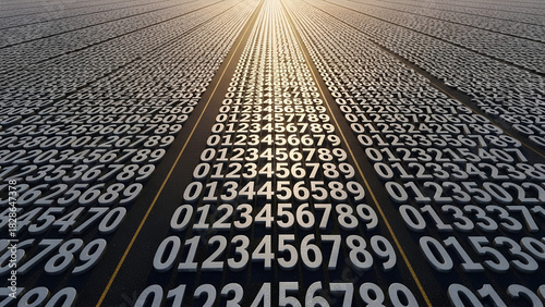 Abstract representation of rows of numbers converging at sunset  