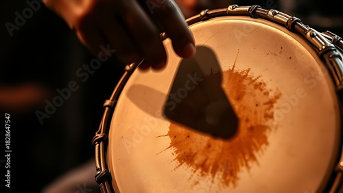 dhol. A close-up view of a drum with a vibrating drumhead and motion blur. event key visuals, club posters, designed for fitness apps and gym onboarding, used by fitness trainers.