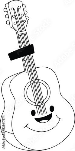 Cute acoustic guitar cartoon character with happy face, black and white line art vector illustration, music instrument mascot, isolated design.