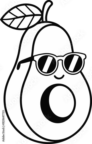 Cool avocado cartoon character wearing sunglasses, black and white line art vector illustration, isolated on white, funny summer food mascot.