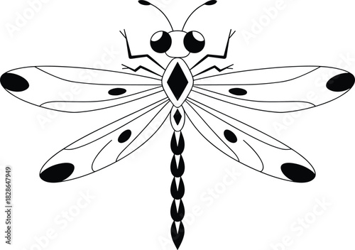 Symmetrical dragonfly line art illustration, black and white insect vector design, isolated on white, perfect for coloring books, logo, tattoo.