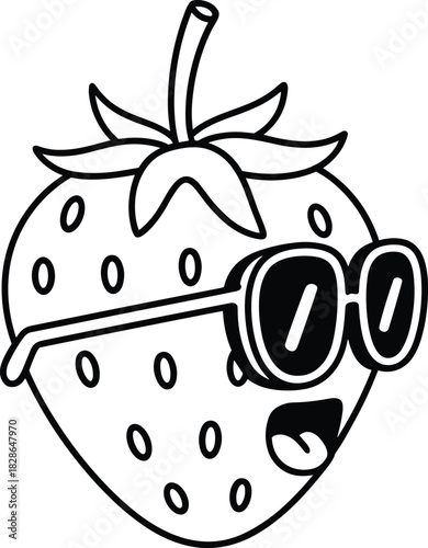 Cool strawberry cartoon character wearing sunglasses, black and white line art vector illustration, isolated on white, funny summer fruit mascot.