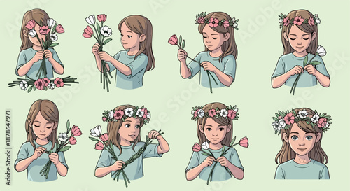 Girl arranging flowers in various poses with floral crown