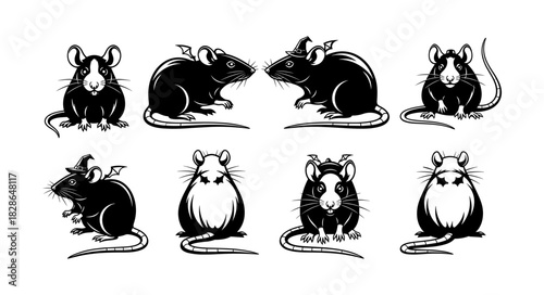 Set of eight black and white illustrations of mice in various po
