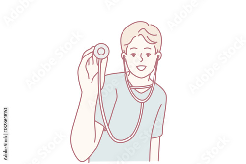 young male doctor holding stethoscope during consultation, calm expression, soft line art, clinic setting, listening to heart, reassuring patient, professional attire, gentle posture, subtle