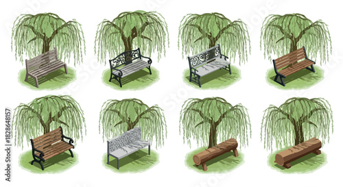 Park benches under willow trees with green grass
